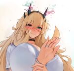  1girl barghest_(fate) blonde_hair breasts dress fate/grand_order fate_(series) green_eyes heterochromia highres horns huge_breasts jewelry large_breasts long_hair obazzotto ring smile solo white_background white_dress 