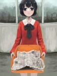  1girl absurdres black_bow black_eyes black_hair bow closed_mouth dress highres holding holding_tray looking_at_viewer newspaper okura_lino original red_dress short_hair solo tray 
