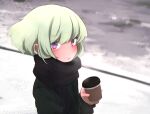  1boy alternate_costume aus_vaka black_scarf blush closed_mouth coffee coffee_cup cup disposable_cup green_hair green_sweater highres holding holding_cup lio_fotia looking_at_viewer male_focus otoko_no_ko outdoors promare scarf short_hair snow solo steam sweater upper_body violet_eyes 