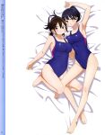 2girls absurdres armpits black_hair boku_no_kokoro_no_yabai_yatsu breast_press breasts brown_hair competition_swimsuit covered_navel hara_honoka highres large_breasts long_hair looking_at_viewer magazine_scan megami_magazine mole mole_on_neck mole_on_thigh multiple_girls non-web_source official_art one-piece_swimsuit plump ponytail scan short_twintails swimsuit thighs twintails yamada_anna