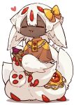  1girl :3 alternate_costume animal_ears bow brown_shirt buttons claws closed_eyes commentary_request dark-skinned_female dark_skin extra_arms faputa fewer_digits food food_wrapper full_body hair_bow hands_up heart highres holding holding_food made_in_abyss making-of_available medium_hair multiple_tails open_mouth roasted_sweet_potato shirt signature simple_background sitting skirt smile solo steam sweet_potato tail tuthigael two-tone_shirt very_dark_skin white_background white_fur white_hair white_tail yellow_bow yellow_shirt yellow_skirt 