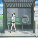  1girl absurdres bench black_eyes black_hair black_shorts blue_sky bus_stop bus_stop_sign clouds day food fossil highres holding holding_food holding_popsicle okura_lino original outdoors popsicle scenery shirt short_hair shorts sitting sky solo white_shirt 