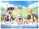  1boy 2girls aether_(genshin_impact) artist_name bare_shoulders black_gloves black_hair black_headwear blonde_hair blue_sky blush cake chair closed_eyes commentary_request copyright_name cup cupcake dated day detached_sleeves flower food genshin_impact gloves gold_trim hand_on_own_chest hat highres long_hair looking_at_another multicolored_hair multiple_girls navia_(genshin_impact) on_chair open_mouth outdoors paimon_(genshin_impact) plate profile scarf sitting size_difference sky smile streaked_hair teacup teapot teeth upper_teeth_only white_hair white_scarf xwx0xiaowx 