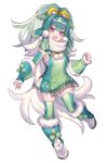  1girl :d absurdres blue_hair blue_hairband blue_thighhighs drampa eyeshadow fang full_body fur-trimmed_footwear fur_trim gradient_hair green_hair green_thighhighs hairband highres katagiri_hachigou leg_up long_hair makeup multicolored_eyes multicolored_hair open_mouth personification pink_eyes pokemon simple_background smile solo standing standing_on_one_leg thigh-highs two-tone_hairband two-tone_legwear violet_eyes white_background white_hair white_hairband yellow_eyeshadow zettai_ryouiki 