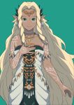  1girl blonde_hair body_markings braided_sidelock circlet dot_nose dress earrings facial_mark green_background green_eyes hinoyama_kou jewelry long_hair looking_at_viewer magatama magatama_necklace necklace pointy_ears simple_background smile solo sonia_(zelda) the_legend_of_zelda the_legend_of_zelda:_tears_of_the_kingdom very_long_hair white_dress 