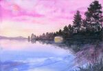  amima_amita clouds cloudy_sky forest grass highres horizon lake mountain mountainous_horizon nature no_humans original painting_(medium) purple_sky reflection reflective_water scenery sky tent traditional_media tree water watercolor_(medium) 