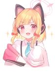  1girl animal_ear_headphones animal_ears blonde_hair blue_archive blue_necktie bow cat_ear_headphones fake_animal_ears hair_bow halo headphones highres jacket looking_at_viewer momoi_(blue_archive) muki_c necktie open_mouth pink_eyes pink_halo red_bow shirt short_hair simple_background sleeves_past_fingers sleeves_past_wrists solo sparkle upper_body white_background white_jacket white_shirt 