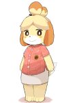  1girl :&gt; aaa_(pixiv_70331378) absurdres animal_crossing animal_ears animal_feet animal_hands arms_at_sides barefoot bell blonde_hair blush_stickers body_fur bright_pupils brown_eyes buttons closed_mouth collared_shirt commentary_request dog_ears dog_girl dog_tail feet flat_chest full_body furry furry_female hair_bell hair_ornament hair_tie happy highres isabelle_(animal_crossing) jingle_bell leaf_print legs_together looking_at_viewer miniskirt parted_bangs partial_commentary pencil_skirt pink_shirt shirt short_hair short_sleeves simple_background skirt smile solo standing tail topknot two-tone_fur white_background white_fur white_pupils white_skirt yellow_fur 