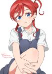  1girl blue_eyes collarbone dated fingernails hair_between_eyes hair_bun hands_on_own_leg happy_birthday highres jenny_(artist) leg_up light_blush light_smile long_hair looking_at_viewer love_live! love_live!_superstar!! own_hands_together parted_lips redhead school_uniform single_side_bun solo white_background yoneme_mei yuigaoka_school_uniform 