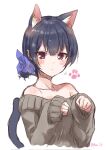  1girl :&lt; animal_ear_fluff animal_ears black_hair blue_scrunchie blush brown_hair cat_ears cat_tail collarbone commentary grey_sweater hair_between_eyes highres idolmaster idolmaster_shiny_colors long_sleeves looking_at_viewer morino_rinze paopao paw_pose paw_print scrunchie short_hair sidelocks solo strapless sweater tail twitter_username upper_body white_background 