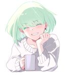  1boy ahoge alternate_costume backlighting casual closed_eyes colored_eyelashes cup floating_hair green_hair grin happy head_rest holding holding_cup light_blush lio_fotia male_focus mug ns1123 otoko_no_ko promare short_hair simple_background smile solo sweater violet_eyes white_background white_sweater 