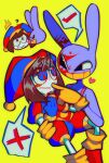 1boy 1girl black_eyes blood blood_on_face blue_eyes brown_hair carrying clenched_teeth commentary english_commentary gloves hat hetero highres jax_(the_amazing_digital_circus) jester jester_cap kiss kissing_cheek maplemersh26 multicolored_eyes pomni_(the_amazing_digital_circus) rabbit red_eyes short_hair simple_background spoken_x surprised sweat teeth the_amazing_digital_circus yellow_background yellow_gloves