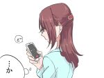  1girl blue_shirt cellphone commentary_request from_side hair_ornament hairclip half_updo highres holding holding_phone kashikaze long_hair long_sleeves love_live! love_live!_sunshine!! phone redhead sakurauchi_riko shirt sidelocks simple_background smartphone solo thought_bubble upper_body white_background 