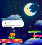  artist_name black_eyes closed_mouth clouds crescent_moon dtee english_text flower from_behind happy highres miiverse moon mushroom night no_humans orange_flower outdoors screencap_inset signature smile speech_bubble super_mario_bros. super_mario_bros._wonder talking talking_flower_(mario) violet_eyes 