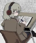  brown_hair clenched_teeth desk dutch_angle gloom_(expression) hatching_(texture) headphones highres holding holding_pen long_sleeves looking_at_viewer looking_back on_chair original pen tareme teeth torosakana writing 
