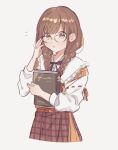  1b_104 1girl adjusting_eyewear belt bespectacled black_bow black_bowtie book bow bowtie brown_belt brown_eyes brown_hair brown_skirt cropped_legs dot_nose eyelashes glasses highres holding holding_book idolmaster idolmaster_shiny_colors layered_shirt light_blush long_hair long_sleeves looking_at_viewer notice_lines official_alternate_costume official_alternate_hairstyle orange_sweater parted_lips plaid plaid_skirt raised_eyebrows red_ribbon ribbon ribbon_trim shirt short_sleeves sketch skirt solo sonoda_chiyoko sweater swept_bangs tareme teeth white_background white_shirt wing_collar 