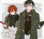  2boys belt blonde_hair blue_eyes brown_belt brown_coat brown_gloves brown_hair brown_scarf brown_shirt coat gloves grey_background highres holding holding_phone kajiyama_fuuta kao_ru05 kayano_mikoto milgram multicolored_background multicolored_hair multiple_boys pants phone plaid plaid_scarf redhead scarf shirt short_hair speech_bubble translation_request white_pants winter_clothes 