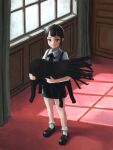  1girl absurdres black_eyes black_footwear black_hair black_shorts collared_shirt creature curtains highres holding indoors jewelry looking_at_viewer necklace okura_lino original shirt short_hair shorts socks solo white_shirt window 