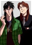  2boys absurdres black_hair black_jacket black_shirt blazer brown_hair cigarette clenched_teeth closed_mouth collared_shirt commentary_request fukumoto_nobuyuki_(style) green_shirt grey_background highres holding holding_cigarette ichijou_seiya itou_kaiji jacket kaiji long_hair long_sleeves looking_at_another looking_to_the_side male_focus medium_bangs multiple_boys necktie official_style open_clothes open_shirt parody parted_bangs plaid plaid_shirt pointy_nose raised_eyebrow red_shirt scar scar_on_cheek scar_on_face shirt smile smoking style_parody suit teeth upper_body usarinko white_background white_necktie 