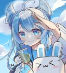  &gt;_&lt; 1girl ahoge arm_up blue_eyes blue_hair blue_shirt blue_sky blush blush_stickers bubble_tea closed_eyes closed_mouth clouds cloudy_sky commentary cup day disposable_cup drinking_straw english_commentary hair_between_eyes hair_horns hair_intakes hand_up highres holding holding_cup jacket long_hair long_sleeves looking_at_viewer mihoyo miyouji outdoors rierca_(chaunhatvy3) shirt sky smile solo upper_body white_jacket 