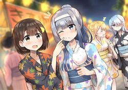  4girls azuma_kanon betock black_kimono blonde_hair blue_eyes blue_hair blue_sash brown_hair candy candy_apple closed_eyes floral_print_kimono food food_on_face highres himeno_yukina holding holding_candy holding_food ironna_onnanoko_to_kiss_wo_shiteitara_yuri_kiss_ni_mezamete_shimaimashita japanese_clothes kimono leaf_print leaf_print_kimono light_blush long_hair lyriel_(kiss_yuri) multiple_girls musical_note open_mouth people pointing pointing_at_another ponytail sariel_(kiss_yuri) sash short_hair smile summer_festival white_kimono yellow_eyes yellow_sash yuri 