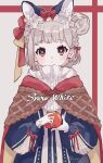  1girl animal_ear_fluff animal_ears artist_name bow cape food grey_hair hair_bow hair_bun hair_ribbon hands_up highres holding holding_food jikuno long_sleeves looking_at_viewer open_mouth original red_eyes red_ribbon ribbon short_hair simple_background solo 