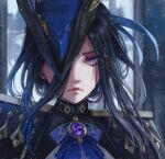  1girl ascot blue_ascot blue_hair blue_headwear clorinde_(genshin_impact) closed_mouth dangle_earrings dark_blue_hair earrings epaulettes genshin_impact hair_between_eyes hat hat_over_one_eye jewelry looking_at_viewer low_ponytail luxearte purple_ascot solo tricorne upper_body violet_eyes vision_(genshin_impact) 