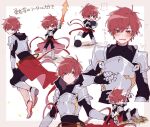  1boy armor blush bomb chibi closed_mouth explosive highres holding holding_sword holding_weapon kajiyama_fuuta kao_ru05 looking_at_viewer male_focus milgram multicolored_background open_mouth pink_background red_eyes redhead short_hair solo sword translation_request weapon yellow_background 