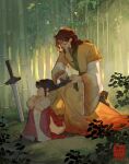  1boy 1girl artist_logo artist_name bamboo bamboo_forest black_hair brown_hair brushing_hair chinese_clothes chu_tian comb commentary crossed_arms cuts dappled_sunlight daughter_of_a_thousand_faces english_commentary forest highres injury long_hair long_sleeves nature parted_lips planted planted_sword profile shen_yuhua sitting sunlight sword velocesmells wavy_hair weapon wide_sleeves 