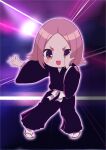  1girl anno_im black_kimono bleach blush brown_eyes chibi dancing forehead highres japanese_clothes kimono kusajishi_yachiru medium_hair multicolored_background open_mouth parted_bangs pink_hair sandals sash shukusei!!_loli-gami_requiem solo 