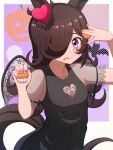  1girl animal_ears black_dress black_wings brown_hair closed_mouth clothing_cutout commentary cupcake dress fake_wings food food_on_face hair_ornament hair_over_one_eye halloween halloween_costume heart heart_cutout heart_hair_ornament highres hokuyukis holding holding_food horse_ears horse_girl horse_tail jack-o&#039;-lantern licking_lips long_hair looking_at_viewer pleated_dress rice_shower_(umamusume) see-through see-through_sleeves short_sleeves smile solo standing tail tongue tongue_out umamusume violet_eyes wings 