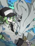  1boy aruke_(gter7727) baseball_cap blue_eyes blue_fire fire green_hair hat looking_at_viewer male_focus n_(pokemon) pokemon pokemon_(creature) pokemon_(game) pokemon_bw reshiram shirt undershirt white_shirt 