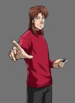  1boy alternate_costume black_eyes black_pants brown_hair closed_mouth commentary cowboy_shot dart fingernails fukumoto_nobuyuki_(style) grey_background highres holding_dart ichijou_seiya kaiji long_hair long_sleeves looking_at_viewer male_focus medium_bangs official_style pants parody parted_bangs red_shirt shirt simple_background smile solo style_parody yologyeolseogchung-gyeogpaswaeseogsul 