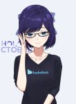  1girl a-chan_(hololive) absurdres black_shirt blue_eyes bow breasts closed_mouth collarbone eipanguino glasses hair_bow highres hololive long_sleeves purple_hair shirt short_hair small_breasts smile solo swept_bangs upper_body virtual_youtuber 
