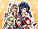  5girls blue_eyes blue_hair brown_eyes brown_hair ceres_fauna ddolbang green_hair hakos_baelz heterochromia highres holocouncil hololive hololive_english hood horns irys_(hololive) looking_at_viewer multicolored_hair multiple_girls nanashi_mumei one_eye_closed ouro_kronii purple_hair redhead smile violet_eyes virtual_youtuber wings yellow_eyes 