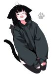  1girl animal_ears black_cat black_hair black_hoodie black_thighhighs blush_stickers cat cat_ears cat_girl cat_tail closed_eyes fang highres hood hoodie kneeling long_hair megateru open_mouth original paw_print sleeves_past_wrists solo tail thigh-highs white_background 