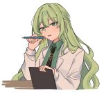 1girl black_necktie braid collared_shirt commentary english_commentary green_eyes green_hair green_shirt hair_between_eyes holding holding_pen honkai_(series) honkai_impact_3rd lab_coat long_hair long_sleeves mobius_(honkai_impact) necktie open_clothes pen rena_(_rrena) shirt simple_background solo upper_body very_long_hair white_background