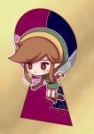  1boy absurdres belt blue_eyes blush bright_pupils brown_belt brown_footwear brown_hair closed_mouth dot_nose fairy_wings green_headwear green_tunic highres keyhole link long_sleeves male_focus mini_person miniboy poronosuke sidelocks solo sweatdrop the_legend_of_zelda triforce white_pupils wings zelda_ii:_the_adventure_of_link 