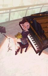  1girl absurdres blue_hair blue_ribbon blunt_bangs flower hair_ornament highres holding holding_flower instrument lize_helesta lize_helesta_(4th_costume) long_sleeves multicolored_hair nijisanji nishinodashi piano piano_keys ribbon sailor_collar school_uniform serafuku sitting skirt solo two-tone_hair violet_eyes virtual_youtuber white_hair white_sailor_collar 