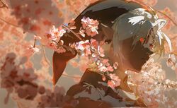  1boy black_headwear cherry_blossoms dark-skinned_male dark_link dark_skin earrings eyes_visible_through_hair from_side highres hoop_earrings jewelry pointy_ears red_eyes redum4 the_legend_of_zelda white_hair 