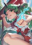 1girl :p absurdres blush buttons clenched_hands cloud_print clouds collared_shirt curly_hair day flaming_hand from_below green_eyes green_hair hand_up highres horns kariyushi_shirt komano_aunn long_hair looking_at_viewer outdoors red_shirt shirt short_sleeves shorts single_horn solo squatting sun teruteru_(teru_teru) thick_eyebrows tongue tongue_out torii touhou tree unfinished_dream_of_all_living_ghost very_long_hair white_shorts 