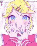  1girl :&lt; blonde_hair blue_eyes bow buckle choker hair_ornament hairclip heart heart-shaped_buckle heart_hair_ornament highres jewelry kagamine_rin light_blush looking_at_viewer multiple_rings nail_art nokuhashi number_hair_ornament pearl_hair_ornament pink_choker pink_nails pink_sailor_collar purple_nails ring sailor_collar sidelocks solo swept_bangs two-tone_eyes unfinished vocaloid white_bow 