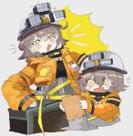  1girl ^^^ arknights belt black_shirt blonde_hair blush blush_stickers brown_hair cement_(arknights) cement_bag chibi cowlick emphasis_lines flipped_hair grey_background grey_pants hard_hat helmet highres jacket light looking_at_viewer multiple_views odmised open_mouth orange_jacket pants pouring shirt short_hair simple_background sketch sleeves_past_wrists sparkle yellow_background yellow_belt 