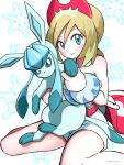  1girl absurdres aruke_(gter7727) bare_shoulders blonde_hair blue_eyes commentary glaceon hairband highres holding holding_pokemon irida_(pokemon) looking_at_viewer pokemon pokemon_(creature) pokemon_(game) pokemon_legends:_arceus shirt simple_background sitting smile snowflakes strapless strapless_shirt tail waist_cape wariza white_background 