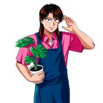  1boy absurdres alternate_costume apron blue_apron blue_eyes brown_hair closed_mouth collared_shirt commentary cowboy_shot highres holding holding_plant ichijou_seiya kaiji long_hair looking_at_viewer male_focus medium_bangs parted_bangs pink_shirt plant potted_plant shirt short_sleeves simple_background smile solo undershirt white_background white_shirt yologyeolseogchung-gyeogpaswaeseogsul 