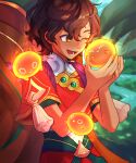  1boy ;d artist_name blurry blurry_background brown_eyes brown_hair day highres league_of_legends male_focus milio_(league_of_legends) one_eye_closed outdoors rozica short_hair smile standing water 
