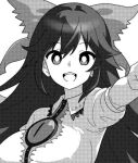  1girl :d bow breasts bright_pupils collared_shirt commentary_request greyscale hair_between_eyes hair_bow large_breasts long_hair looking_at_viewer medium_bangs monochrome onkn_sxkn open_mouth pointing puffy_short_sleeves puffy_sleeves reiuji_utsuho shirt short_sleeves sidelocks simple_background smile solo teeth third_eye touhou upper_body upper_teeth_only 