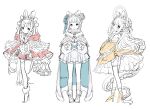  3girls absurdres animal_ears artist_name braid cape cloak dress food frills from_side green_eyes hairband hands_up highres holding holding_food jikuno long_hair multiple_girls open_mouth original red_dress red_eyes ribbon simple_background sketch standing standing_on_one_leg very_long_hair white_background white_footwear white_hair yellow_dress yellow_eyes yellow_footwear 