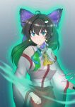  blue_ribbon frog_hair_ornament fusion hair_ornament hakurei_reimu highres kochiya_sanae mishihura393 multicolored_hair ribbon touhou 