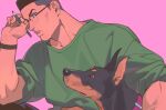  1boy black_hair dog glasses green_shirt highres holding holding_pencil ke_(ke_sd) muscular muscular_male original pencil pink_background shirt simple_background sitting sleeves_rolled_up t-shirt thick_lips wristband 